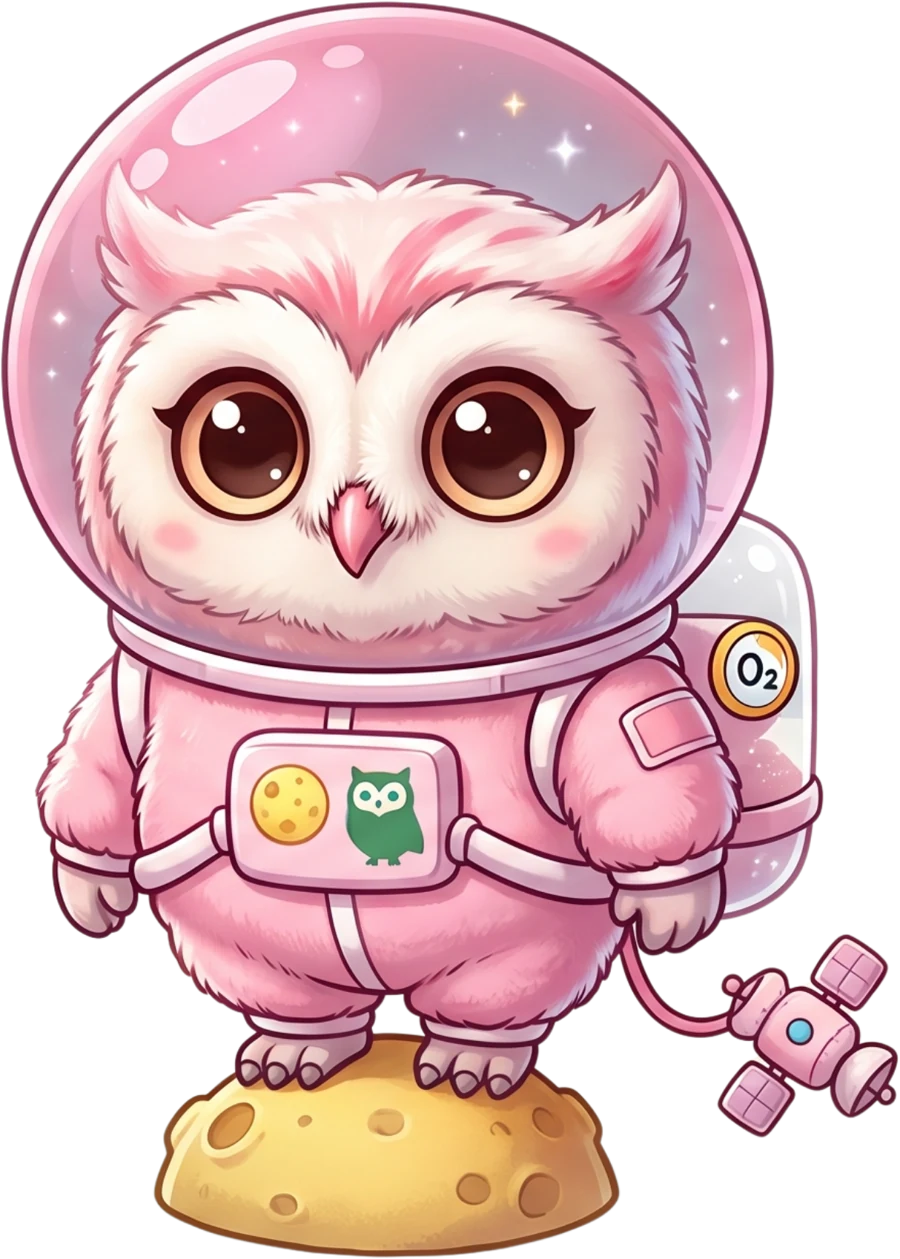 Maskot anakku.pro, seekor burung hantu berbaju astronaut berdiri di atas batu bulan